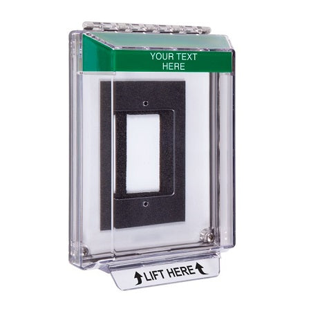 Safety Technology STI-14310C-G | Universal Stopper Low Profile Cover Enclosure Flush Back Box And Hood - Custom Label - Green - Non-Returnable