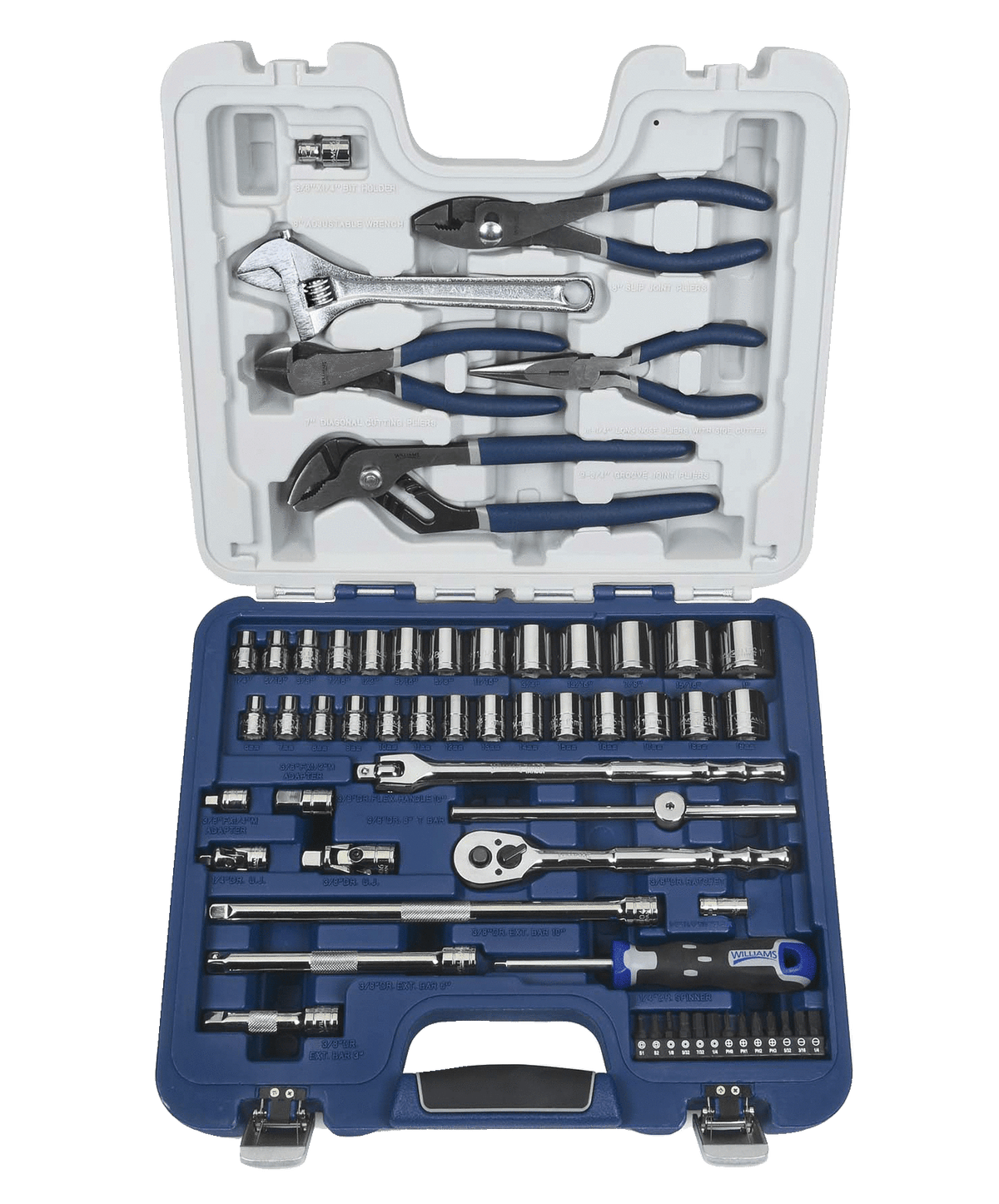 Williams JHW50615A | 58 Piece 3/8 Drive Socket, Screwdriver and Pliers Set, 6 Point, Rugged Case System, SAE & Metric
