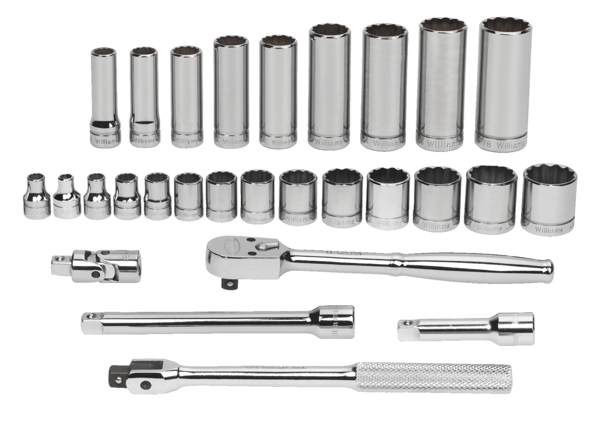 Williams JHWWSB-28FTB | 3/8 Drive Socket and Drive Tool Set, 12 Point, SAE, 28 Pieces, in Keep Safe Foam, in Metal Tool Box