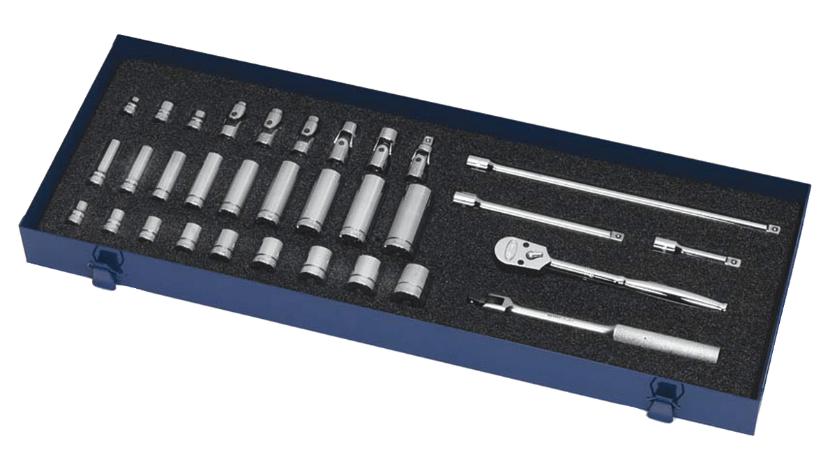 Williams JHWWSB-32FTB | 3/8 Drive Socket and Drive Tool Set, 8 & 12 Point, SAE, 32 Pieces, in Keep Safe Foam, in Metal Tool Box