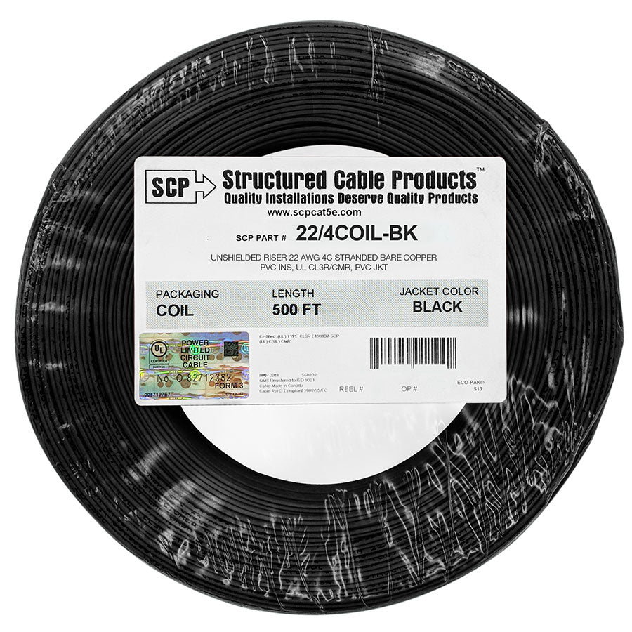 Structured Cable Products Inc 22/4COIL-BK | Alarm Cable, 22 AWG, 4-Conductor, Bare Copper, PVC, Black