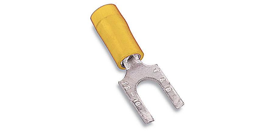 Thomas & Betts RC10-10FS | Fork Terminal, No. 10, 12 AWG, 10 AWG, Nylon Insulation, Yellow, Copper, Tin-Plated, 600 V, 1 in.