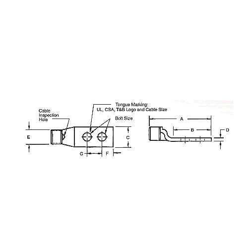 Thomas & Betts 256-30695-1247 | Copper Two-Hole Lug, Standard Barrel, Peep Hole, Max 35kV, Wire Size 4/0 AWG, 1/4 in Bolt Size, 5/8 in Hole Spacing
