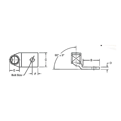 Thomas & Betts 54131UB | Copper One-Hole Lug, 90 Degree Bend Standard Barrel, Peep Hole, Max 35kV, Wire Size 8 AWG, 5/16 in Bolt Size, Tin Plated, Die Code 21, Red