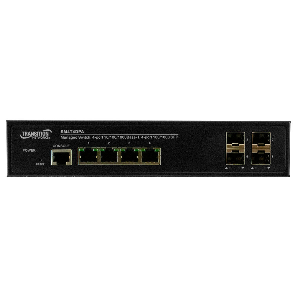 Lantronix SM4T4DPA-SA | Layer 2 Managed Switch, Port One: (4) 10/100/1000base-t, Port Two: (4) 100/1000base-x Sfp Slots, Sa