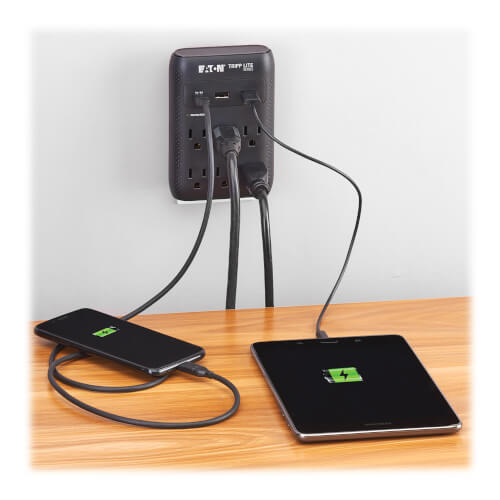 Tripp-Lite SK60CB | 6-Outlet Surge Protector - 5-15R Outlets, USB-C and USB-A Ports, 5-15P Direct Plug-In, 1080 Joules, Black