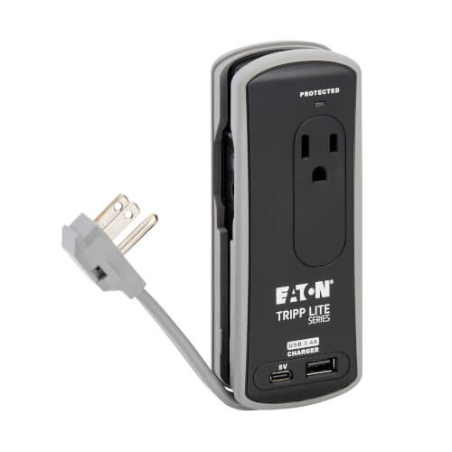 Tripp-Lite TRAVELER3USBC | 2-Outlet Travel-Size Surge Protector - 5-15R Outlets, USB-C and USB-A Ports, 5-15P Input, Black