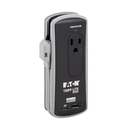 Tripp-Lite TRAVELER3USBC | 2-Outlet Travel-Size Surge Protector - 5-15R Outlets, USB-C and USB-A Ports, 5-15P Input, Black