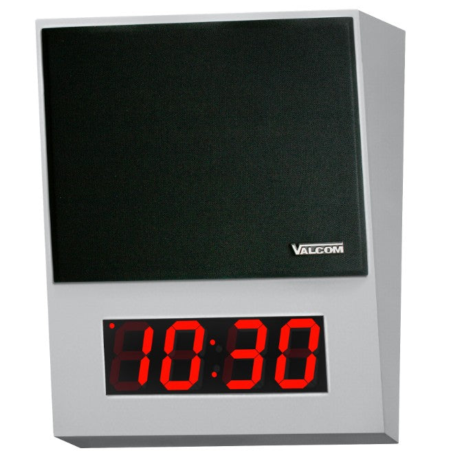Valcom VIP-431A-DS-IC | IP Digital Clock/Speaker, 4-Digits, Angled Surface Mount, One-Way/Talkback Programmable, InformaCast