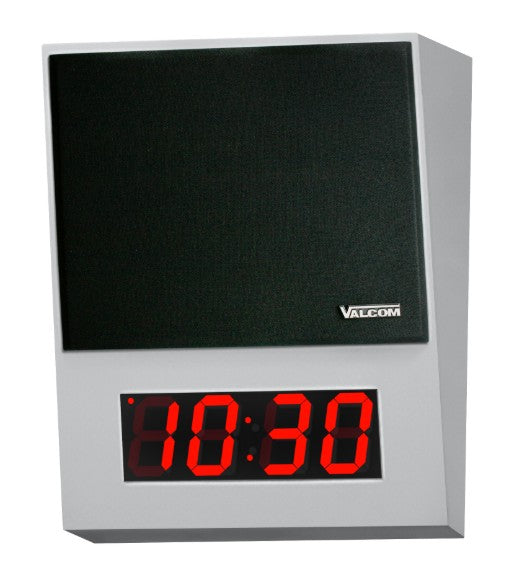 Valcom VIP-431A-DS-SA | IP Digital Clock/Speaker, 4-Digits, Angled Surface Mount, One-Way/Talkback Programmable, Intrado OneAlert