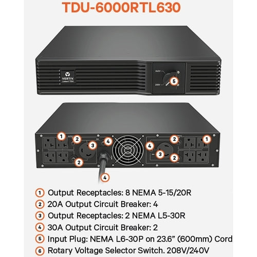 Vertiv TDU-6000RTL630 | Vertiv Liebert TDU - 5050VA/5050W 120VAC|Step Down Transformer/Voltage Converter - 6000VA |2U Rack Tower