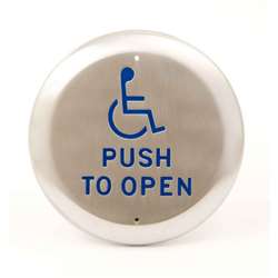 Camden Door Controls CM-40/4F | 4-1/2" Round Push Plate Switch, SPDT, ADA Logo, POUSSEZ POUR OUVRIR Lettering, Bright Stainless Steel