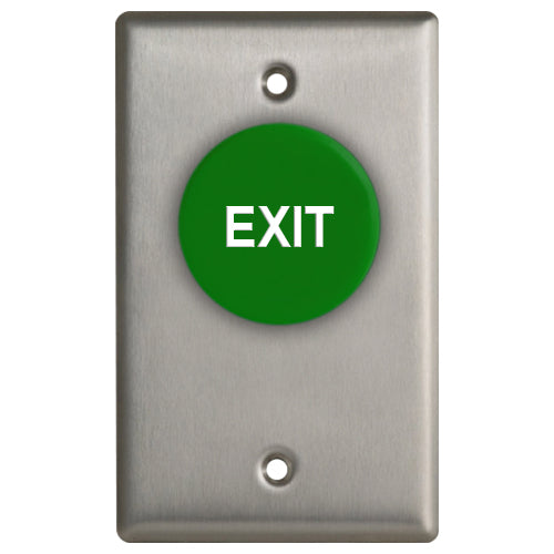 Camden Door Controls CM-4020GE | 1-5/8" Mushroom Green Pushbutton (EXIT), Aluminum Faceplate, Spring Return, Single Gang, N/O & N/C, Momentary, Brushed Aluminum