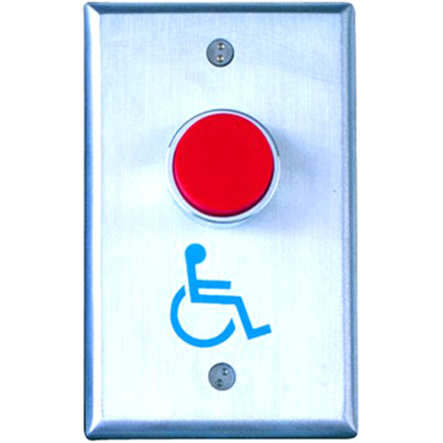 Camden Door Controls CM-8020GE | Vandal Resistant Extended Push Button, N/O & N/C, Single Gang, Momentary, Green Button with EXIT, Blank Faceplate, Brushed Aluminum
