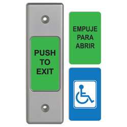 Camden Door Controls CM-9710U | 2" Piezoelectric Push/Exit Switch, Narrow, English and Spanish Labels, Brushed Aluminum