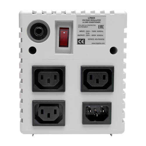 Tripp-Lite LR604 | 600W 230V Power Conditioner with Automatic Voltage Regulation (AVR), AC Surge Protection, 3 Outlets, UNIPLUGINT Adapter