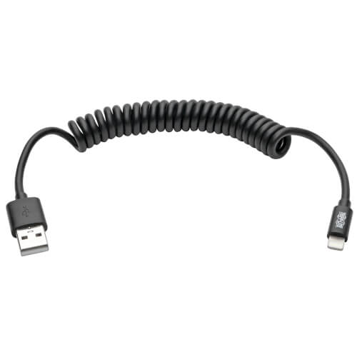 Tripp-Lite M100-004COIL-BK | USB-A to Lightning Sync/Charge Coiled Cable, MFi Certified - Black, M/M, USB 2.0, 4 ft. (1.22 m)