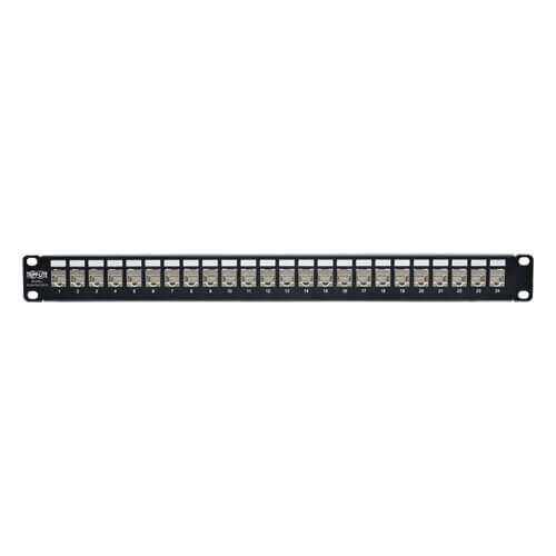 Tripp-Lite N254-024-SH-D | 24-Port 1U Rack-Mount STP Shielded Cat5e/6 Feedthrough Patch Panel with 90-Degree Down-Angle Ports, RJ45 Ethernet, TAA