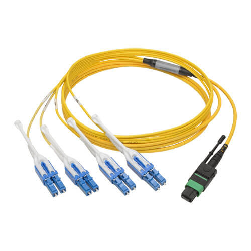 Tripp-Lite N390-03M-8LC-AP | MTP/MPO (APC) to 8xLC (UPC) Singlemode Breakout Patch Cable, 40/100 GbE, QSFP+ 40GBASE-PLR4, Plenum, Yellow, 3 m (10 ft.)