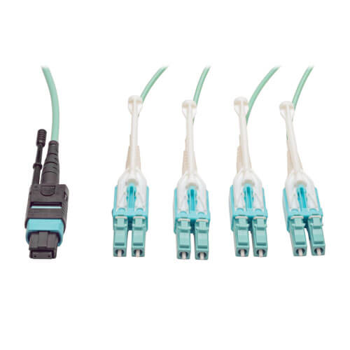 Tripp-Lite N844-01M-8LC-PT | MTP/MPO Fan-out Cable with Push/Pull Tab Connectors, MTP/MPO to 8xLC, 40GbE, 40GBASE-SR4,OM3 Plenum-rated - Aqua, 1M (3.28 ft.)