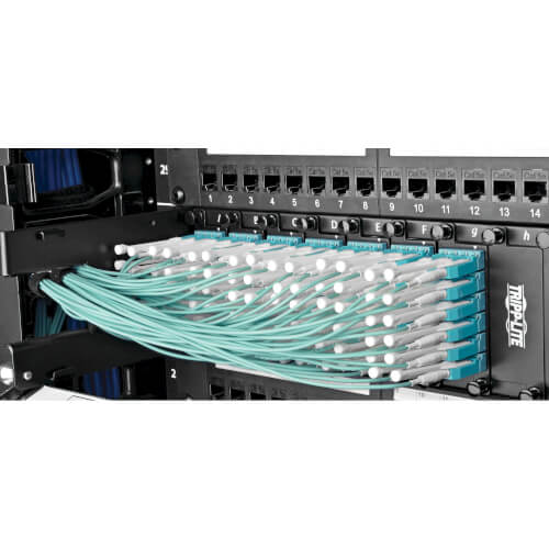 Tripp-Lite N844-03M-8LC-PT | MTP/MPO Fan-out Cable with Push/Pull Tab Connectors, MTP/MPO to 8xLC, 40GbE, 40GBASE-SR4,OM3 Plenum-rated - Aqua, 3M (9.84 ft.)