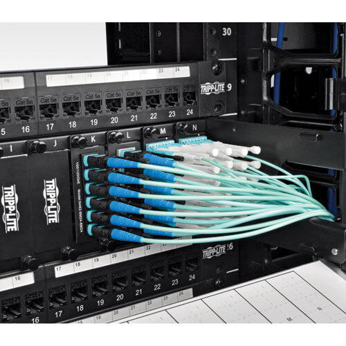 Tripp-Lite N846-03M-24-P | MTP/MPO Patch Cable with Push/Pull Tab Connectors, 100GBASE-SR10, CXP, 24 Fiber, 100Gb OM3 Plenum-rated - Aqua, 3M (10 ft.)