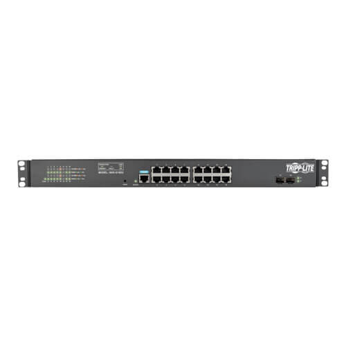 Tripp-Lite NSS-G16D2 | 16 10/100/1000Mbps Port Gigabit L2 Web-Smart Managed Switch, 2 SFP Slots, 36 Gbps, Web, 8-Outlet 120V PDU/Surge Protect