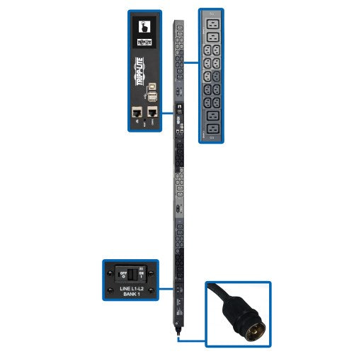 Tripp-Lite PDU3EVN6H50BA | 14.5kW 3-Phase Monitored PDU - LX Platform, 30 C13 & 12 C19 Outlets (200-240V), Hubbell CS8365C, 0U, TAA