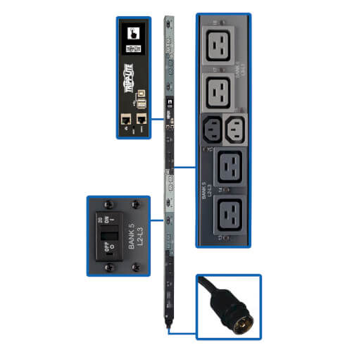 Tripp-Lite PDU3EVSR6H50A | 14.4kW 3-Phase Switched PDU - 6 C13 & 12 C19 Outlets (208V), Hubbell 50A CS8365C, 0U, Outlet Monitoring, TAA