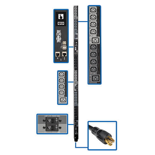 Tripp-Lite PDU3XEVSR6L230B | 17.3kW 3-Phase Switched PDU, LX Platform Interface, 220-240V Outlets (24 C13/6 C19), Touchscreen LCD, NEMA L22-30P 380-415V Input, 0U, TAA
