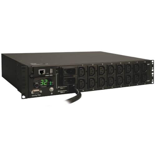 Tripp-Lite PDUMH32HVNET | 7.4kW Single-Phase Switched PDU, LX Platform Interface, 230V Outlets (16-C13), IEC-309 Blue 230V 32A, 3.6m Cord, 2U Rack-Mount, TAA