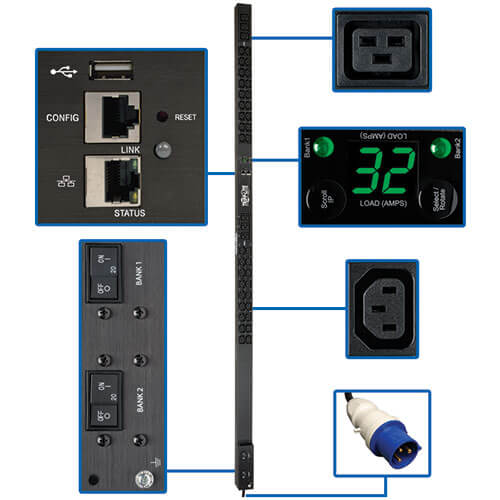 Tripp-Lite PDUMNV32HV2LX | 7.7kW Single-Phase Monitored PDU, LX Interface, 200-240V Outlets (36 C13/6 C19), IEC 309 32A Blue, 10 ft. (3.05 m) Cord, 0U 1.8m/70 in. Height, TAA