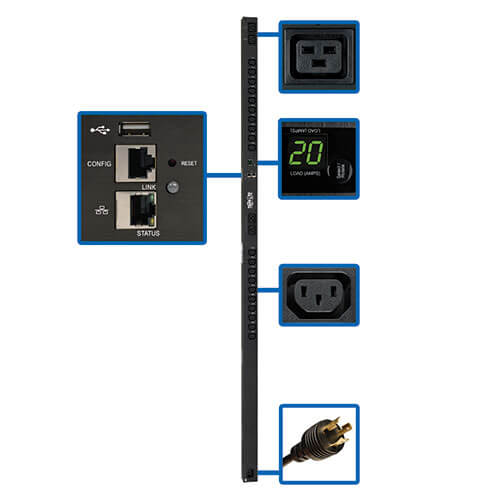 Tripp-Lite PDUMV20HVNETLX | 3.7kW Single-Phase Switched PDU with LX Platform Interface, 208/230V Outlets (20 C13 & 4 C19), C20/L6-20P, 0U, TAA