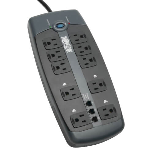 Tripp-Lite TLP1008TEL | Protect It! 10-Outlet Surge Protector, 8 ft. (2.43 m) Cord with Right-Angle Plug, 2395 Joules, Tel/DSL Protection, Black Housing