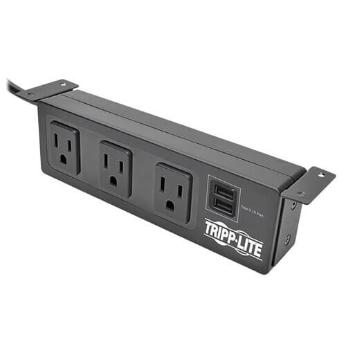 Tripp-Lite TLP310USBS | Protect It! 3-Outlet Surge Protector with Mounting Brackets, 10 ft. Cord, 510 Joules, 2 USB Charging Ports, Black Housing