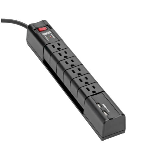 Tripp-Lite TLP608RUSBB | Protect It! Surge Protector with 6 Rotatable Outlets, 8 ft. (2.43 m) Cord, 1080 Joules, 2xUSB Charging ports (3.4A)