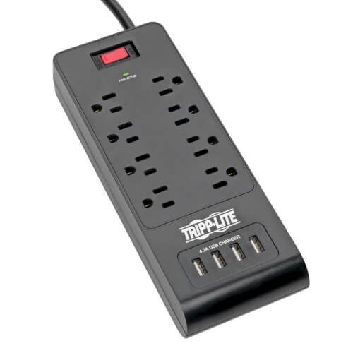 Tripp-Lite TLP864USBB | 8-Outlet Surge Protector with 4 USB Ports (4.2A Shared) - 6 ft. (1.83 m) Cord, 1800 Joules, Black