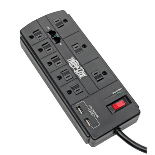 Tripp-Lite TLP88TUSBB | 8-Outlet Surge Protector with 2 USB Ports (2.1A Shared) - 8 ft. (2.43 m) Cord, 1200 Joules, Tel/Modem, Black