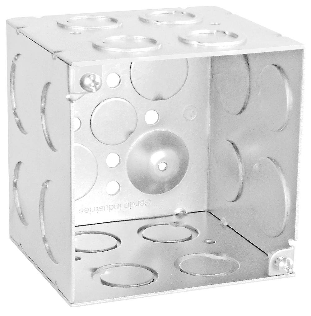 Garvin Industries 52181-S | Junction Box, 4 x 4 x 3-1/2 in., 50 cu. in., Steel, 5 Bottom and 8 Side Knockouts