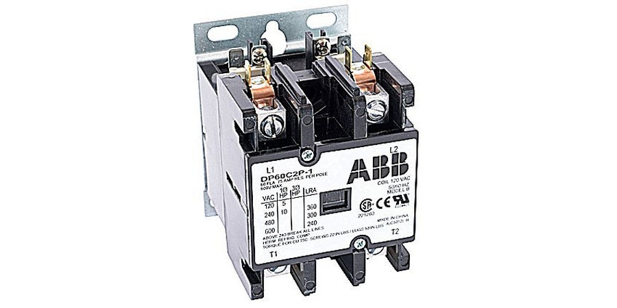 ABB DP60C2P-1 | 2-Pole, 60 A Non-Reversing Definite Purpose Contactor, 120 V AC Coil, Industry-Standard Mounting Plate