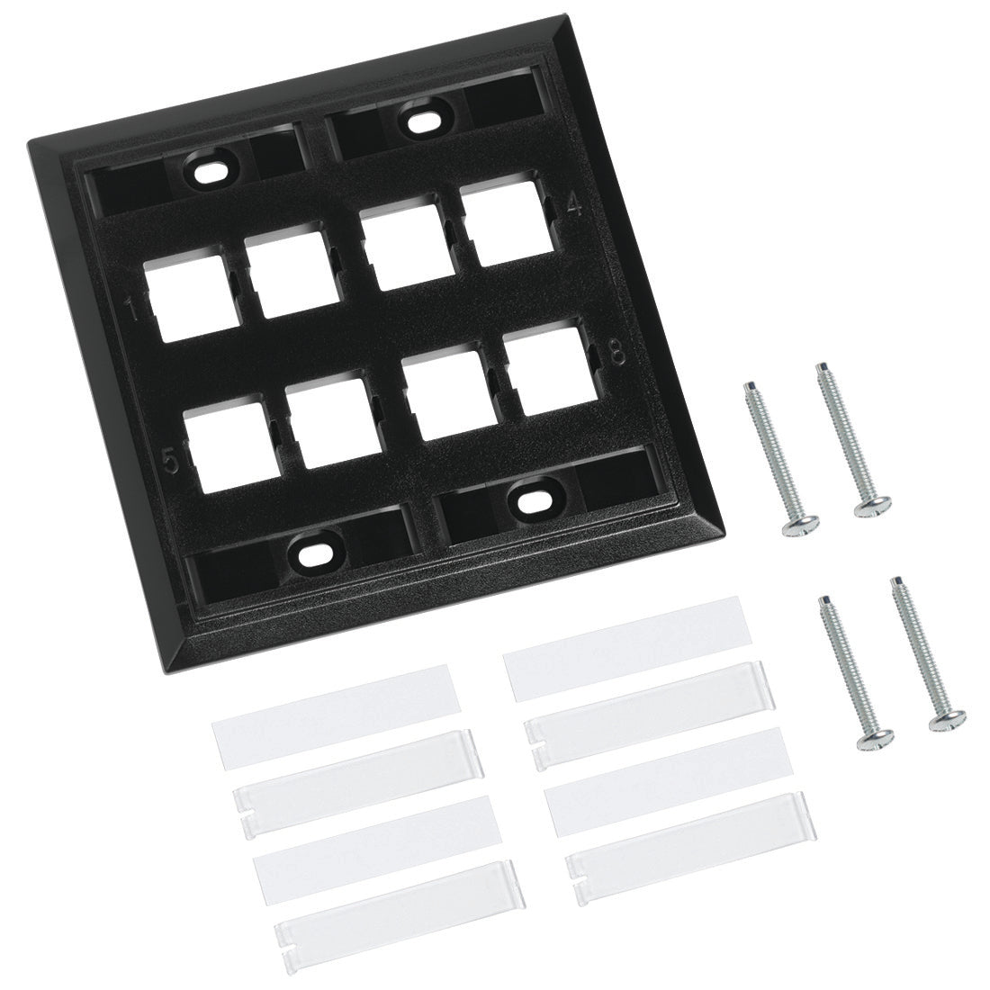 Commscope M28L-003 | L Type Flush Mounted Double Gang Faceplate, eight port, black