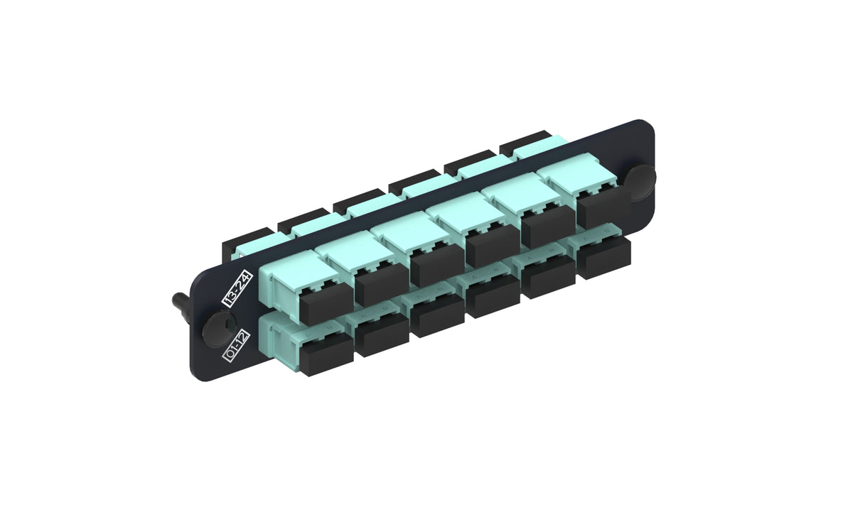 Commscope PNL-BK-024-KFA-LC02-AQ-NS | Adapter Pack, Black, 1000-Type, with 12 duplex keyed LC adapters, aqua, no shutter