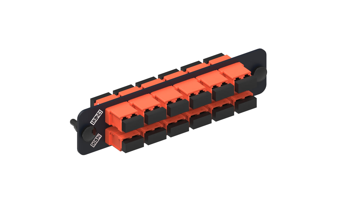 Commscope PNL-BK-024-KFA-LC02-OR-NS | Adapter Pack, Black, 1000-Type, with 12 duplex keyed LC adapters, orange, no shutter
