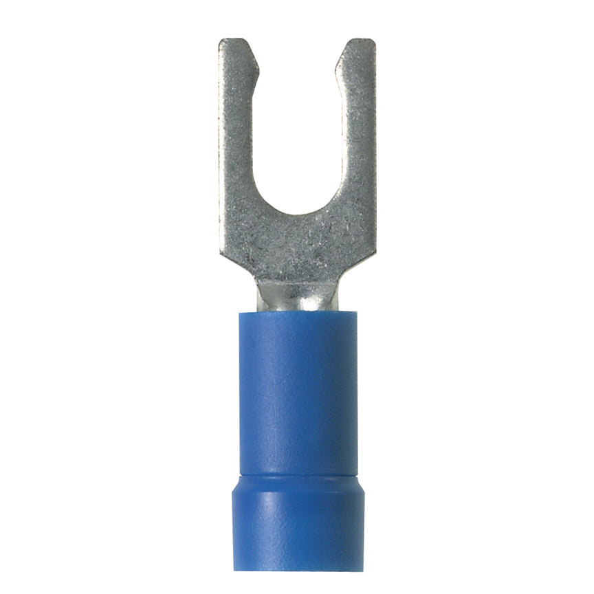 Panduit PV14-8LF-C | Pan-Term Fork Terminal, Blue, Vinyl, 14-18 AWG, #8 Stud, PK100