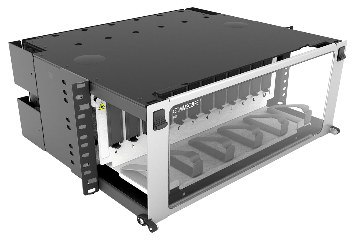 Commscope HD-4U-SP | High Density 4U Sliding Fiber Splice Panel, to accommodate a maximum of 192 single fusion splices when using the Splice Wallet or 128 single fusion splices when using the RoloSplice splice tray organizers