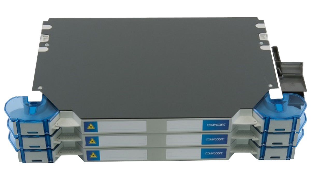 Commscope FACT-3ERHPLGS | FACT Fiber Optic Patch/Splice Panel, gray, 3E high, 144-port, singlemode, loaded with LC/APC adapters and B-grade pigtails, SMOUV splice tray type, right-hand patch