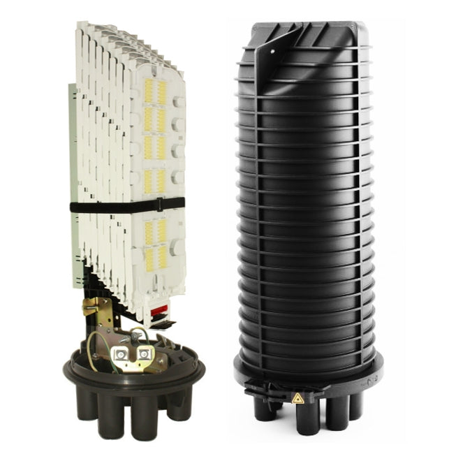 Commscope FOSC400D5362BGV | FOSC 400 D5 Fiber Optic Splice Closure, Heat Shrink Cable sealing, two pre-installed 36-splice trays, cable blocking, ground feedthrough lugs, with test valve