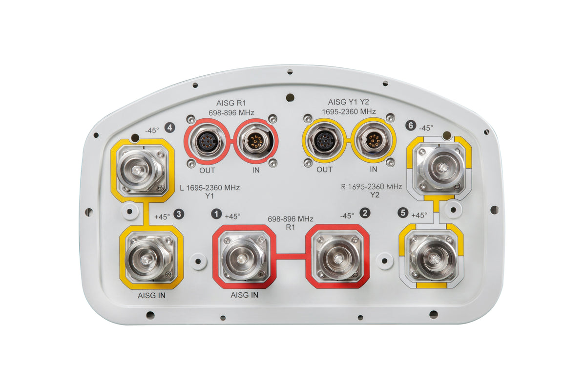 Commscope NHH-65C-R2B | 6-port sector antenna, 2x 698–896 and 4x 1695–2360 MHz, 65° HPBW, 2x RET. Both high bands share the same electrical tilt.