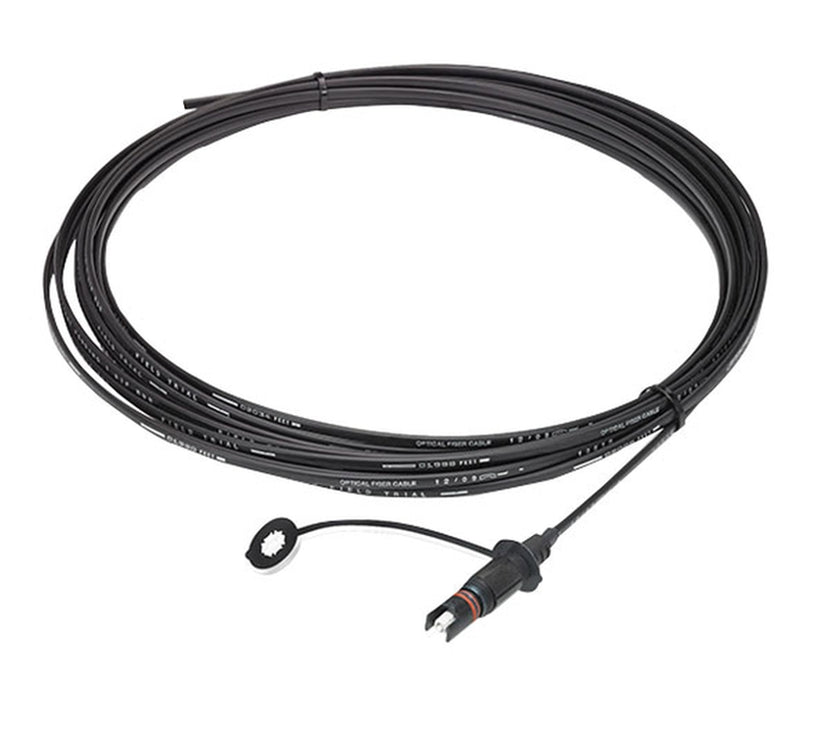 Commscope FHD-H01A-0200FL | Fiber Optic Drop Cable Assembly, hardened full-size to stub, dielectric flat | Spooled connector 1 deploys first | Cable Assembly Length - 200 Ft