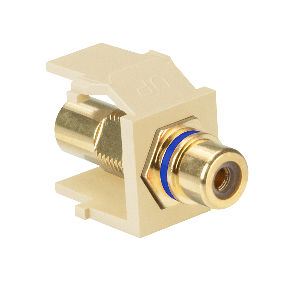 Leviton 40830-BIE | RCA Feedthrough QuickPort Connector, Gold-Plated, Black Stripe, Ivory Housing